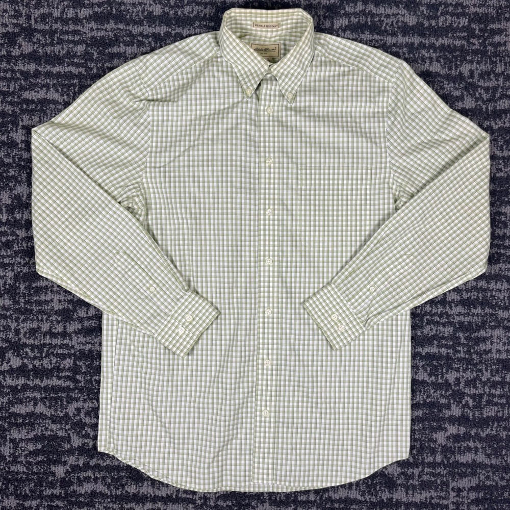 Eddie Bauer Mens M Tall Green Plaid Wrinkle Resistant Cotton Button Down Shirt